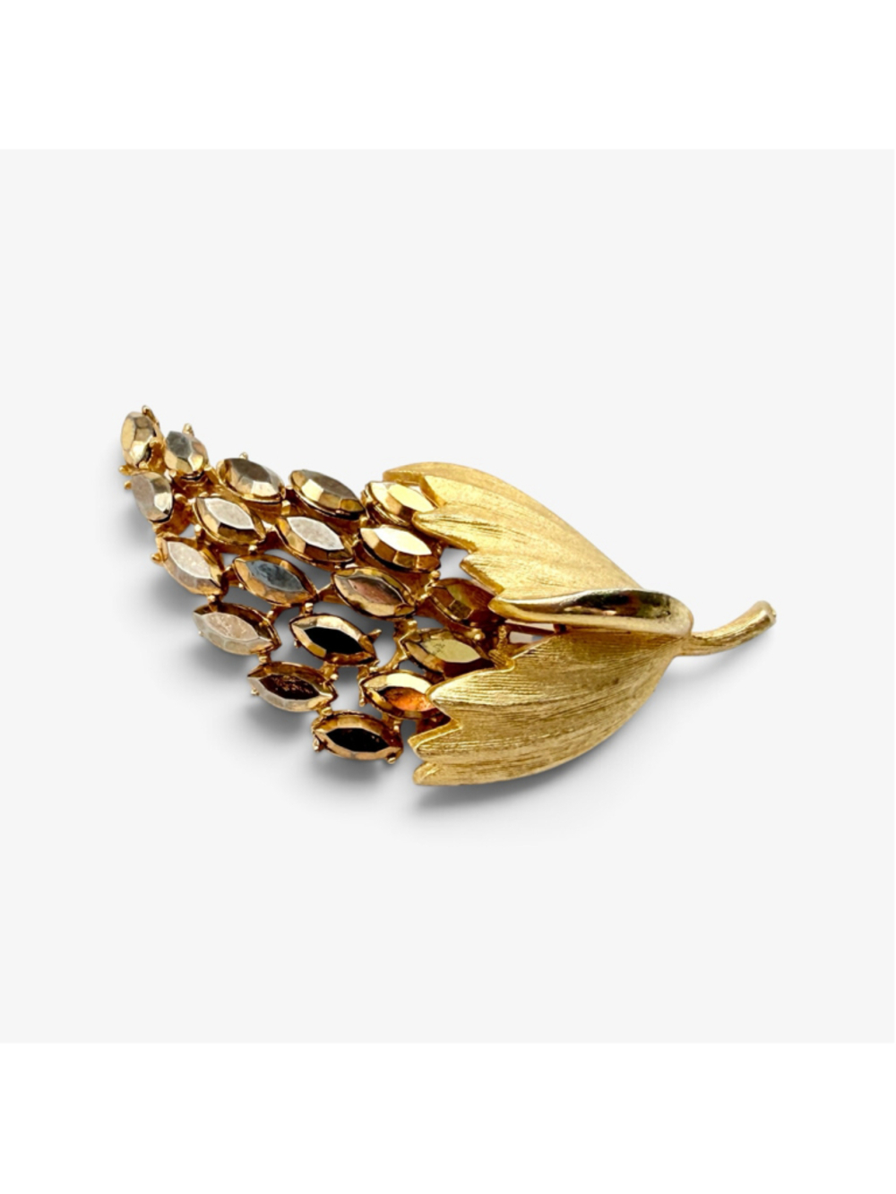 Signed BSK Gold Tone Leaf Brooch Vintage Gold Mirror Rhinestone Spray Pin